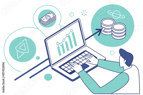 Businessman using laptop to leverage business intelligence, accessing integrated database in a data warehouse for detailed business data analysis.