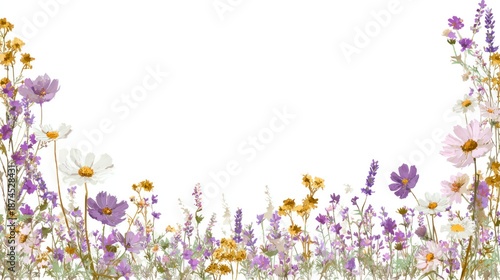 Enchanting wildflowers forming a delightful meadow frame with daisies, buttercups, and lavender, creating white space