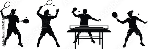 Black silhouettes of four table tennis players in action poses around a table