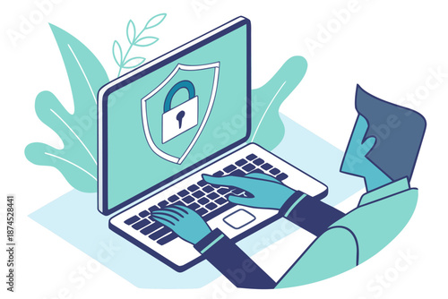 Businessperson using laptop with secure VPN and zero-trust security, ensuring encrypted data protection and safe access to network systems.