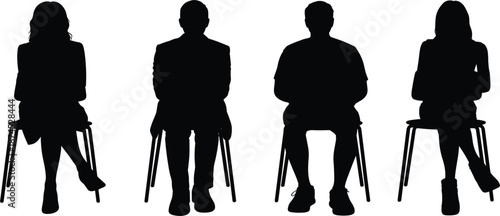 People sitting on chairs silhouette set with men and women, waiting room or audience vector illustration,