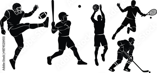 Silhouette illustration of five athletes playing different sports in dynamic poses