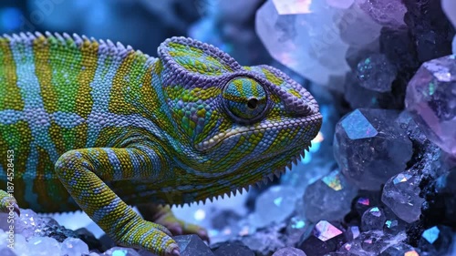 Colorful Chameleon on Iridescent Rocks Closeup.