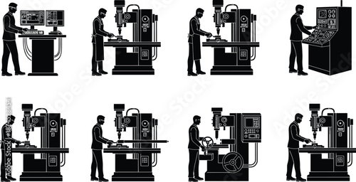 Industrial CNC machine operator silhouettes set, factory manufacturing workflow illustration showing engineers working with milling, drilling, and control panel equipment