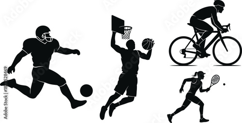 Silhouette of four sportsmen engaged in different physical activities