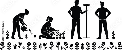 Gardening silhouettes set with people watering plants, planting flowers, and standing with tools, black vector illustration for landscaping and garden care concepts