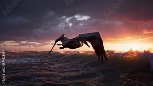 Seagull Flying Over Ocean at Sunset.