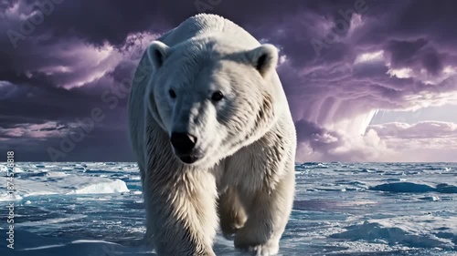 Polar Bear Walking on Iceberg in Stormy Sea.