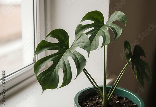 Monstera plant on windowsill aesthetic clean view indoor green life still life