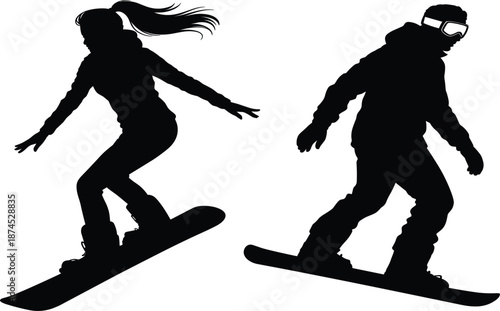 Man and woman snowboarder silhouettes jumping and riding, winter extreme sports vector illustration for mountain resort