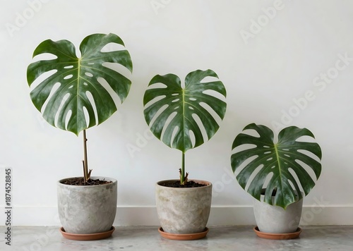 Monstera plants in ceramic pots with terracotta saucers modern botanical clean shot fresh green texture