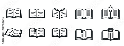 A set of linear icons, all dedicated to the theme of an open book with slight variations and educational accents. Everything is in a clean black and white style, with thin outlines and no fill.