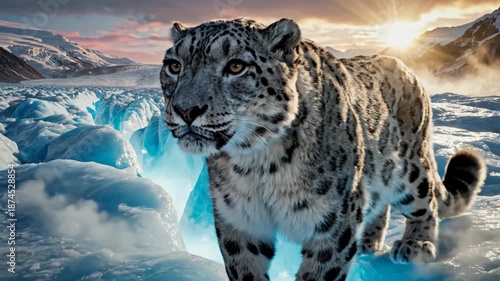 Snow leopard walking on icy terrain at sunrise.