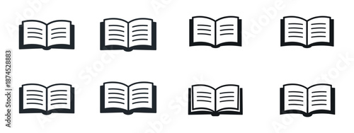 A set of minimalist open book icons in a clean black and white outline/line art style, where most icons are identical, but there are several variations with bookmarks.