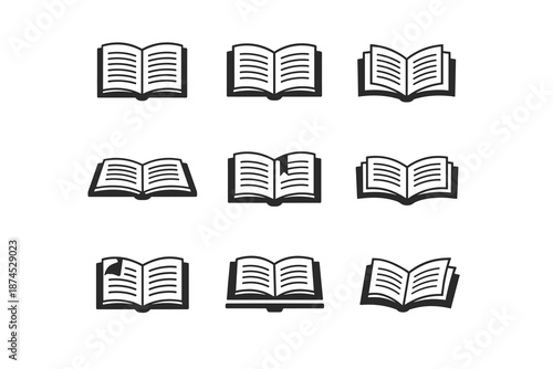 A set of minimalist open book icons in a clean black and white outline/line art style, where most icons are identical, but there are several variations with bookmarks.