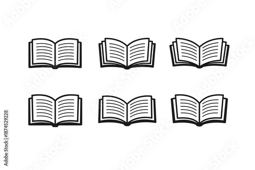 A set of six identical minimalist icons of an open book in a clean black and white outline/line art style.
