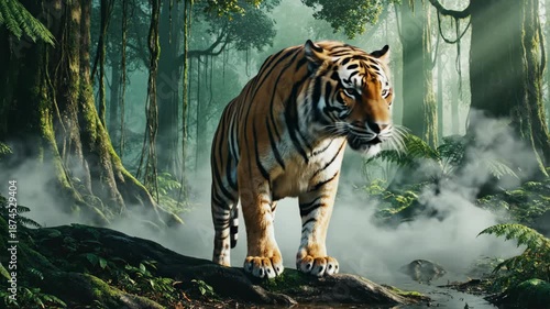 Tiger Walking Through Misty Forest Landscape.