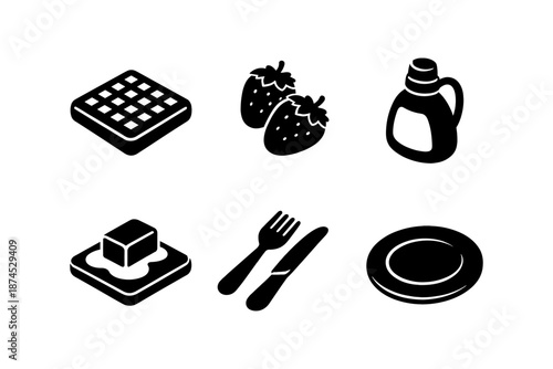 Breakfast icons: waffles, strawberries, syrup, butter, cutlery, plate in black silhouette style