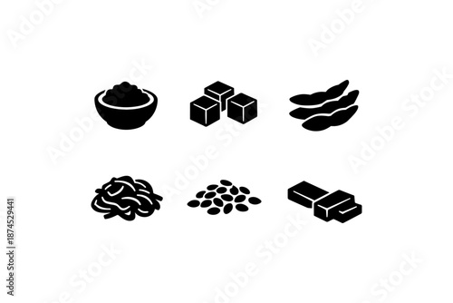 Black silhouette icons of soy products including tofu, edamame, tempeh, miso, and soy seeds