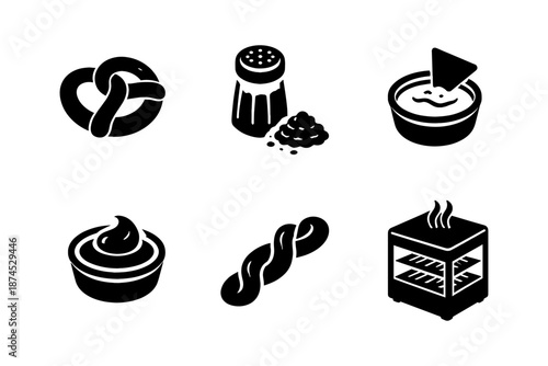 Black silhouette icons of baking: pretzels, salt shaker, dips, bread, oven
