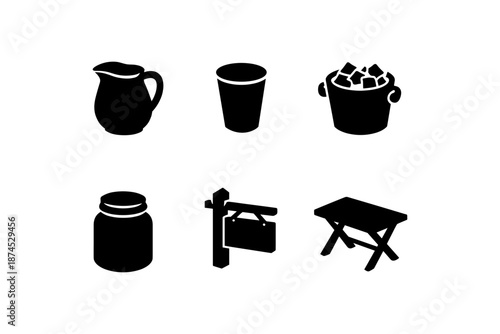 Silhouette icons of kitchenware and garden signs for minimalist design projects