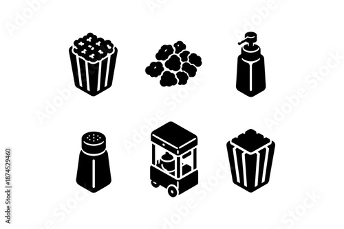 Isometric popcorn icons: snacks, machine, and toppings for cinema and concession stands
