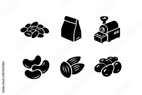 Coffee plantation icons: beans, grinder, bag, cashews, almonds in silhouette style