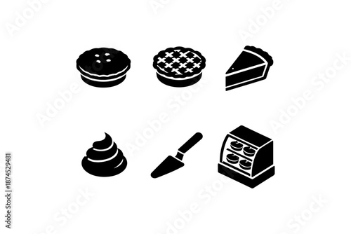 Bakery icons: pies, cake, dessert tools, and display in silhouette style