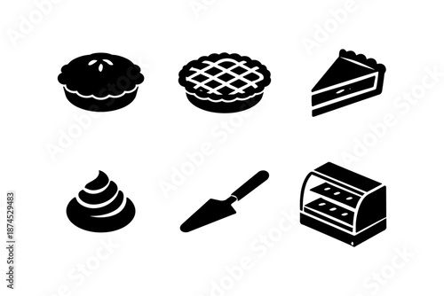 Silhouette icons of pies, cake slices, cream, and bakery tools in black and white
