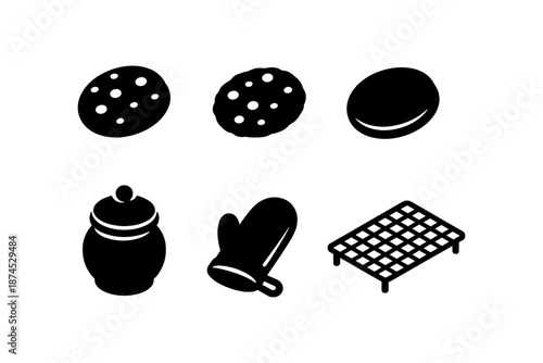 Black and white cookie and baking utensils silhouette collection