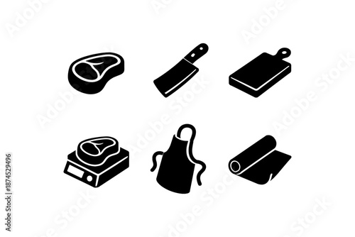 Minimalist kitchen tools and meat icons set in silhouette style