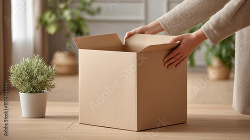A person unpacking a cardboard box in a cozy interior, symbolizing moving into a new home, organization, and home improvement.