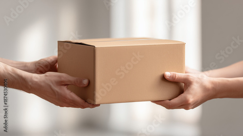 Two hands exchanging a cardboard box, symbolizing relocation, moving services, and packing for a new home.