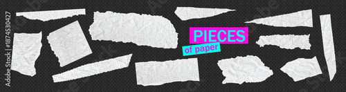 Bundle of torn white paper pieces overlays and textures. Old notebook and sketchbook grid designs with realistic rip and cut edges. Vector kit on like transparent png bg for scrapbook projects.