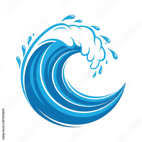 A stylized depiction of a vibrant blue ocean wave with swirling water droplets