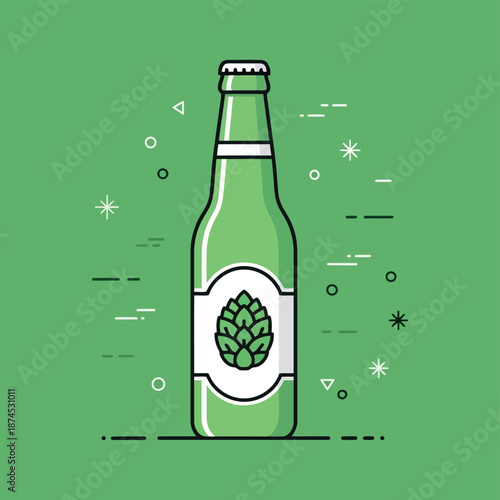 A stylized green glass beer bottle with a hop label and sparkling elements