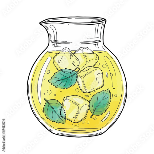 A refreshing glass pitcher filled with iced yellow drink and fresh mint leaves