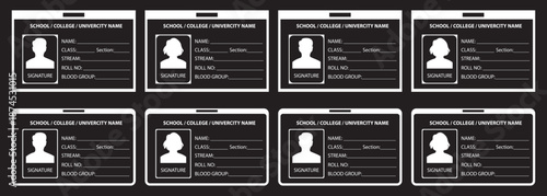 ID Card icon set. ID Card icon collection. Driver's license Identification card icon symbol. ID Badge Symbol. Identity sign. Vector illustration on black Background. EPS 10.