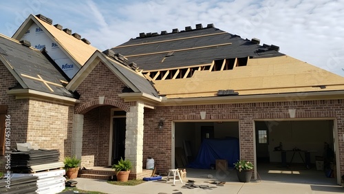 Brick house with exposed wooden roof trusses and plywood sheathing under construction outdoors