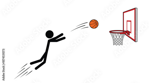 Stick figure player jumping to score a basketball in a hoop with motion lines with sports and game and action and illustration and graphic and scoring
