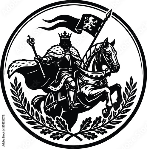 A regal king warrior rides a horse in a circular emblem with a flag and laurel wreath with royal and monarch and knight and coat of arms and heraldry