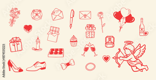 Valentine Love Icons Hand Drawn Red Line Art Illustration Set | Romantic Valentine’s Day Doodle Icons Collection in Red Outline