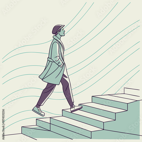 Young professional ascending modern stairs with confidence and style