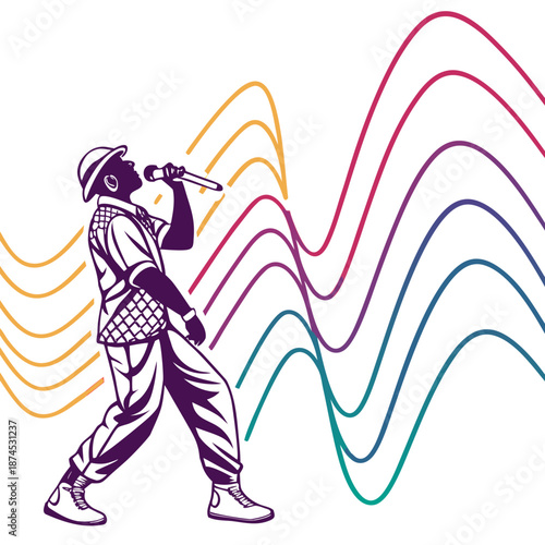 Vibrant rapper performing with dynamic colorful sound waves background