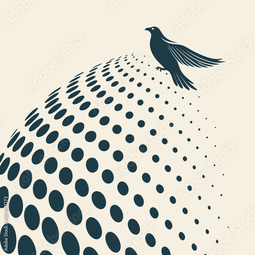 Bird takes flight from dotted hilltop with freedom and joy