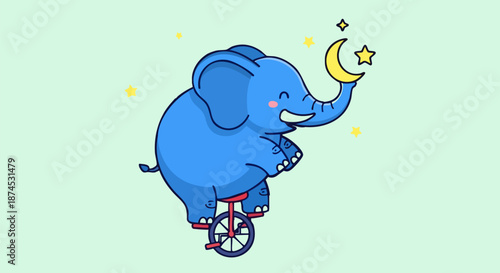 Cheerful blue cartoon elephant skillfully balances while riding a small unicycle holding a crescent moon on white background