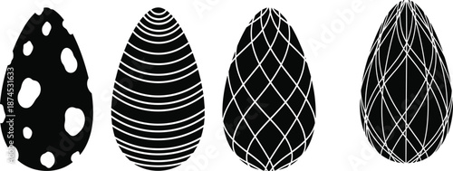 Easter egg silhouette set, black decorative vector illustration, striped, spotted, crisscross, diamond pattern, spring holiday design, festive seasonal graphic icons