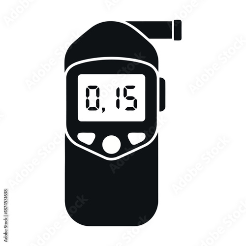 A black and white illustration of a handheld breathalyzer displaying a reading