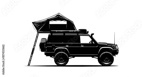 Silhouette of Off-Road 4x4 Expedition Vehicle with Rooftop Tent and Camping Equipment for Adventure Travel Concept