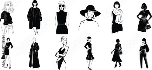 Fashion illustrations of women in various stylish outfits and poses